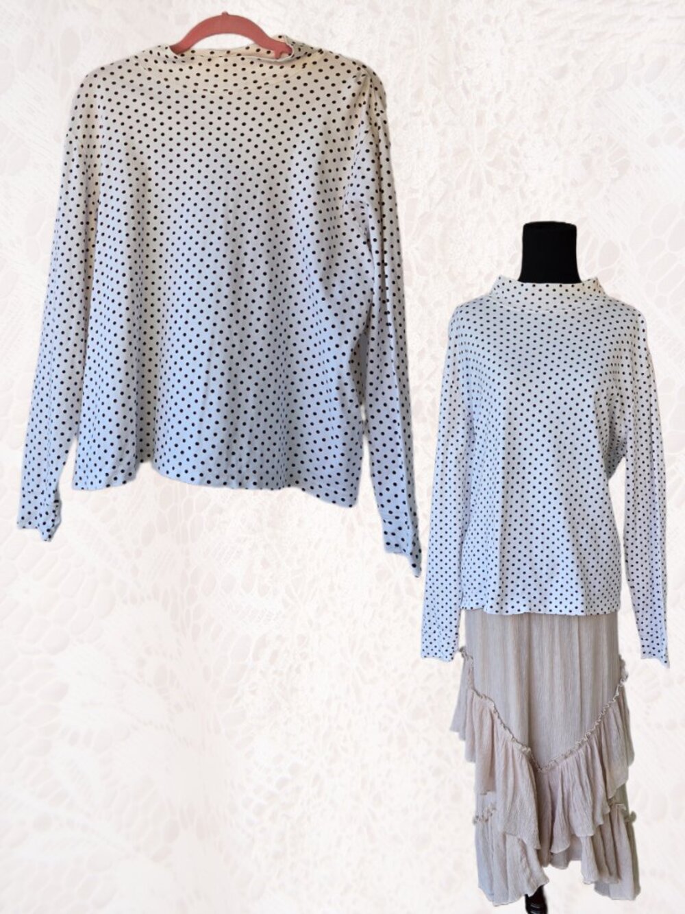 Land's End Polkadot Cotton Long Sleeve Mock Neck Relaxed Fit Shirt Casual Autumn